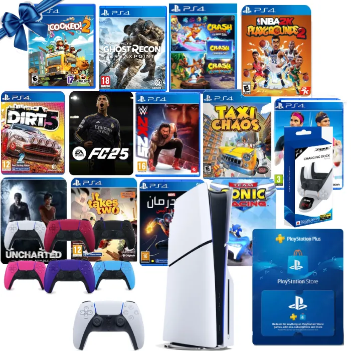 بلايستيشن Playstation 5 Disc Version Slim PS5 Console With Dual Sense Controller + 13 Games FREE, Charger, Plus 3 Months and Extra Color Dual Sense