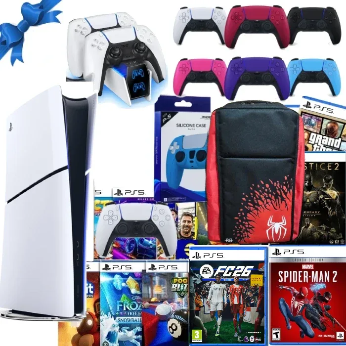 بلايستيشن Sony Playstation 5 Digital Version Slim PS5 Console + 15 Online Games FREE, DualSense Charger, Dual sense Silicone case and Extra Dual Sense + Bag