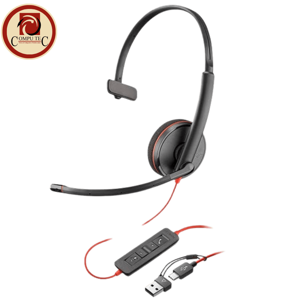 سماعة هيدست POLY Blackwire 3210 Monaural Wired Headset with USB-C and USB-A Adapter.