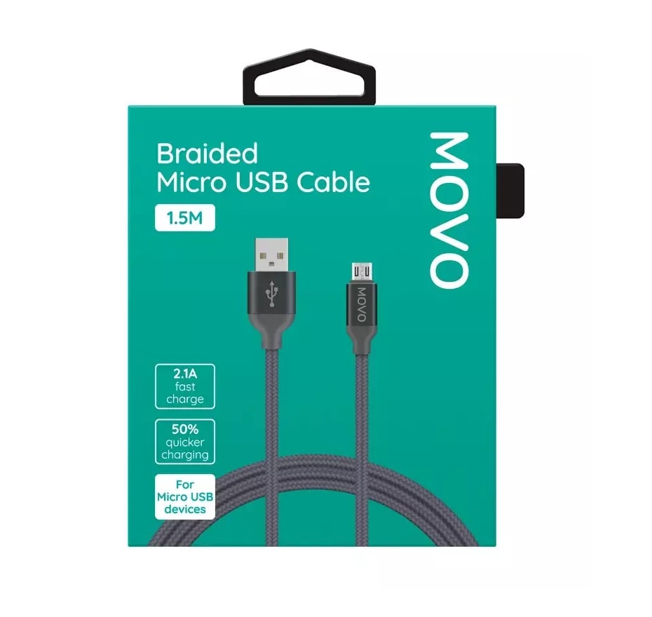 جيمنج MOVO Braided Micro USB Cable -Grey- 1.5M – 2.1A Fast Charge PS4 XBOX ONE