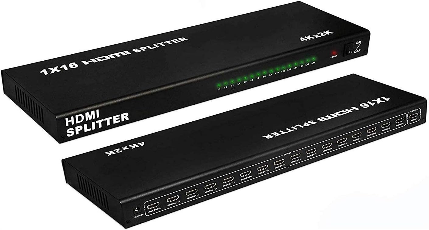 سماعة HDMI Splitter 1 in 16 Out 16 Port 1×16 Full HD 1080P HDMI 1.4 Splitter with Switcher Converter Support 4KX2K 3D Digital Audio Format-Black